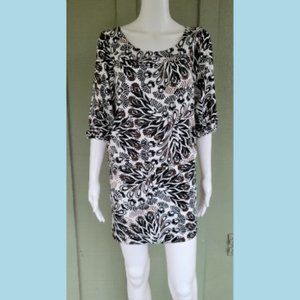 BCBG Max Azria Black Floral Jersey Dropped Waist Blouson Dress M